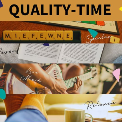 Das Bild ist eine Einladung zu einer Veranstaltung namens 'Quality-Time', die am Donnerstag, den 10.10.24, von 18:00 bis 21:00 Uhr stattfindet. Es zeigt verschiedene Aktivitäten wie Lesen, Spielen, Live-Musik und Relaxen. Im Hintergrund sind Bilder von einem Buch, einem Scrabble-Spiel, einer Person mit Gitarre und jemandem, der entspannt auf einem Sofa sitzt. Unten rechts ist das Logo der 'kirche für köln' zu sehen.